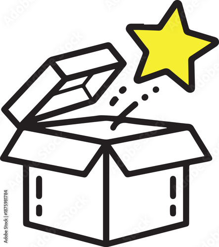 A minimalist line art vector illustration of an open cardboard box with a bright yellow star popping out. It symbolizes a special offer, a surprise gift, or a "star" product.