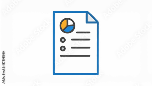 A simple colored line vector icon depicting a document with a pie chart and bullet points, perfect for business and data visualization