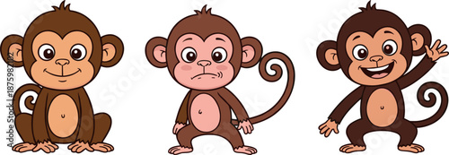 Set of three cute cartoon monkey characters with different expressions and poses for kids design and animal mascots