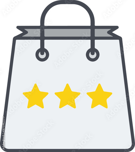 A clean, minimalist vector of a light grey shopping bag featuring three yellow stars, representing high-quality retail, customer satisfaction ratings, or a premium loyalty rewards program.