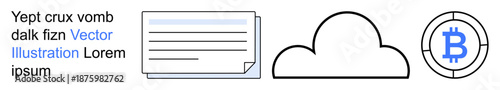 Cryptocurrency, data storage, cloud computing, blockchain technology, digital transactions, online platforms. Icons of a document, cloud and Bitcoin symbol. Cryptocurrency and data storage concept