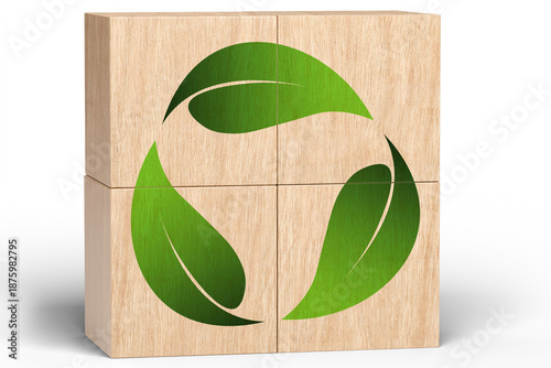 Wooden blocks with green leaf recycling symbol, eco friendly and waste management concept on transparent background