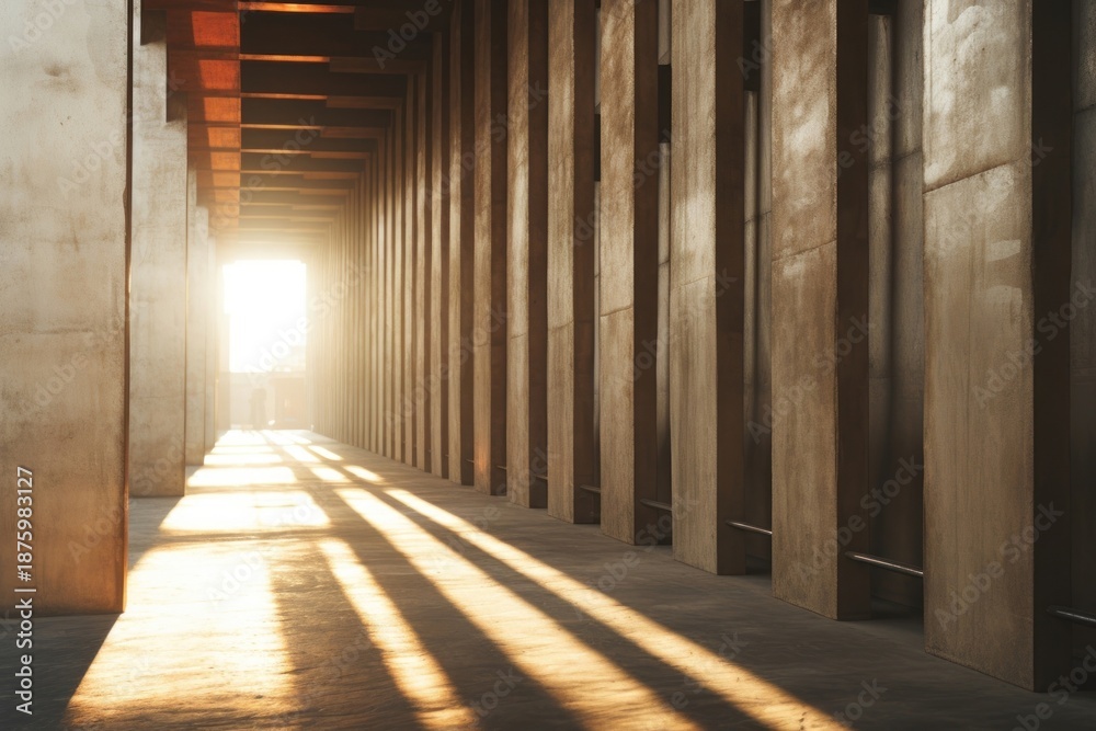Fototapeta premium Brutalist corridor architecture building sunlight.