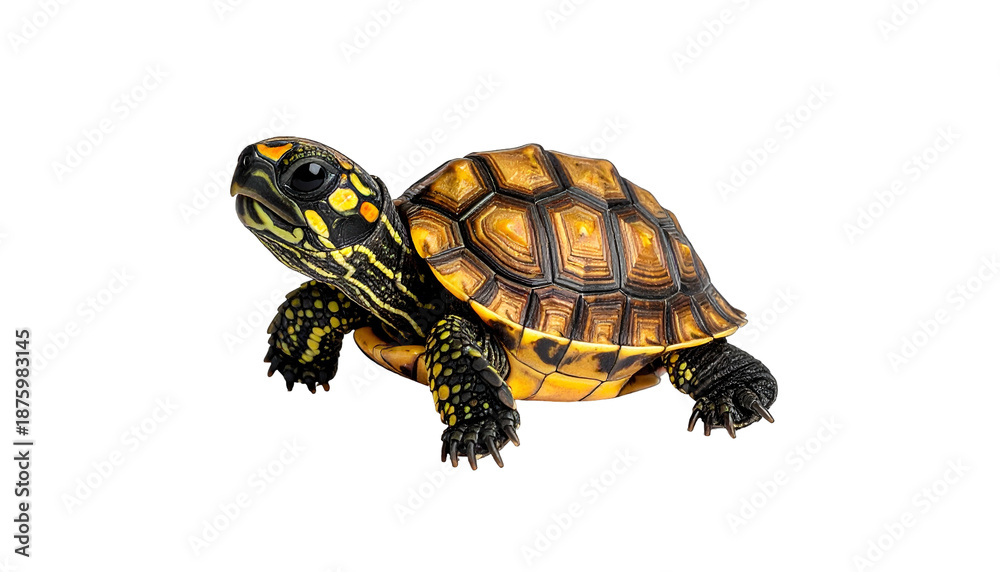 Fototapeta premium Close Up Shot of a Turtle Isolated on Black Background with Yellow and Orange Patterns