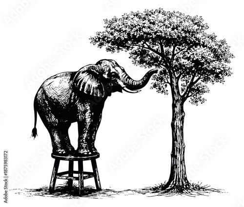 Hand drawn line art illustration of an elephant on a stool depicting reaching for tree leaves for creative design