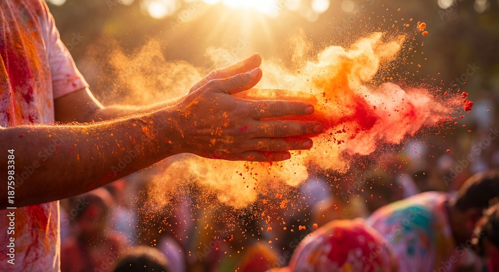 Fototapeta premium Hands are seen tossing vibrant colored powders into the air, capturing the essence of the Holi festival, surrounded by a joyful crowd celebrating with bright colors and festive atmosphere