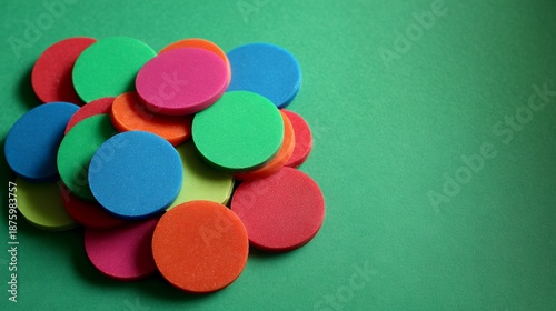 A handful of colorful round counters scattered on green
