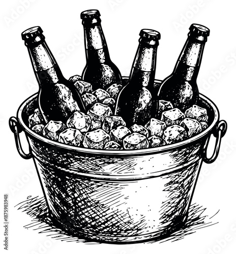 Hand drawn line art illustration of beer bottles depicting chilling in an ice bucket for a refreshing beverage