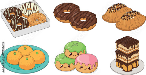 Vector illustration set of assorted desserts featuring chocolate donuts golden buns layered cream puffs and kawaii frosted character pastries