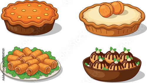Vector illustration set of baked goods and appetizers featuring fruit tarts pumpkin pie spring rolls and chocolate profiteroles