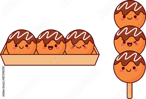 Vector illustration set of cute takoyaki characters featuring smiling octopus balls in a tray and on a skewer