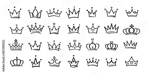 Doodle crowns. Line art king or queen crown sketch, fellow crowned heads tiara, beautiful diadem and luxurious decals vector illustration set. Royal head accessories linear collection