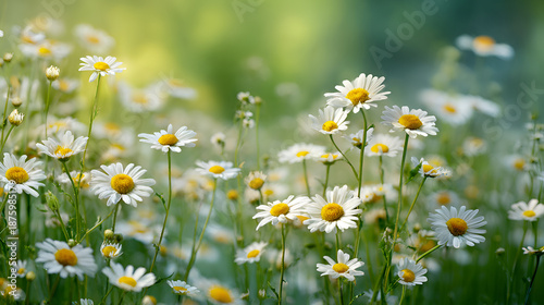 Beautiful white daisies in a sunny green field with yellow centers
