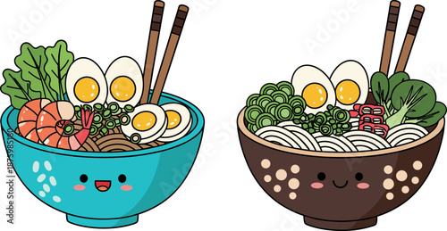 Vector illustration set of cute kawaii ramen characters featuring teal and brown smiling bowls with shrimp and eggs