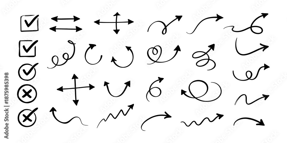 Naklejka premium Collection of Hand-Drawn Arrows and Checkmarks on White Background