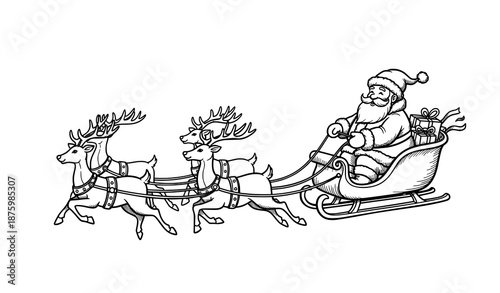 Hand drawn black and white Santa sleigh vector illustration