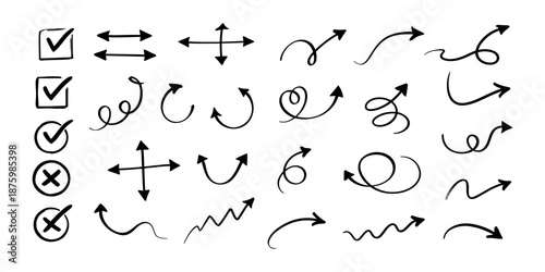 Collection of Hand-Drawn Arrows and Checkmarks on White Background