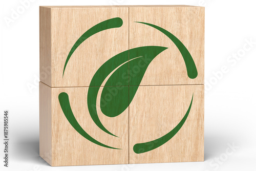 Wooden blocks with green leaf recycle symbol, eco friendly waste management and sustainability concept on transparent background