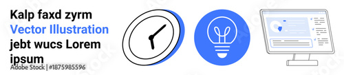 Productivity, innovation, technology integration, resource management, digital interface, creative design. Clock, light bulb and monitor screen icons in clean layout. Productivity and innovation