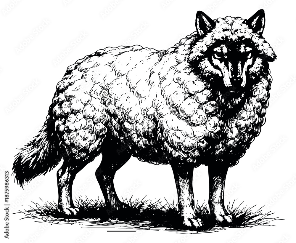 Fototapeta premium Hand drawn line art illustration of a wolf in sheep's clothing depicting deception for fables and metaphorical design