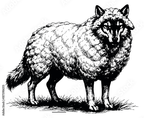 Hand drawn line art illustration of a wolf in sheep's clothing depicting deception for fables and metaphorical design
