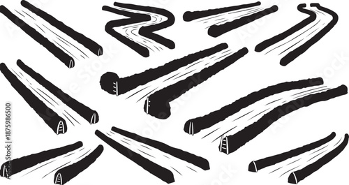 Black and white illustration of various stick shapes scattered
