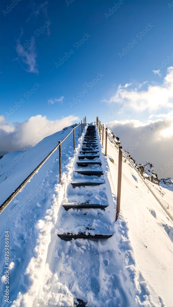 Obraz premium A snow-covered staircase leads up to the clouds on a sunny day