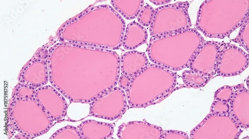 Microscopic view of normal thyroid gland tissue showing numerous colloid-filled follicles lined by cuboidal epithelial cells, stained with H&E.