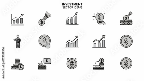 Collection of hand drawn investment and finance icons.