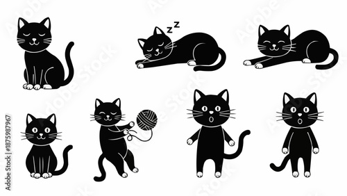 Collection of cute cartoon black cats in various poses.