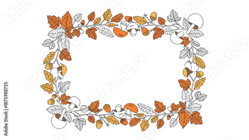 Rectangular frame made of various colorful autumn leaves and mushrooms with acorns on a clean white background.