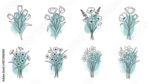 Set of eight floral bouquet illustrations with delicate black line art and soft blue watercolor splashes behind them.