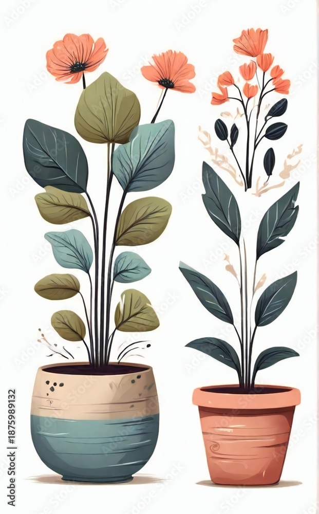 Obraz premium Two potted plants with delicate orange flowers and green leaves on a white background