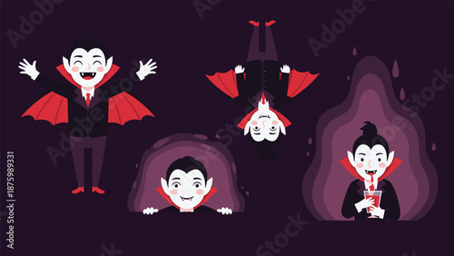 Set of four funny cartoon vampire characters in different poses including hanging upside down and drinking juice.