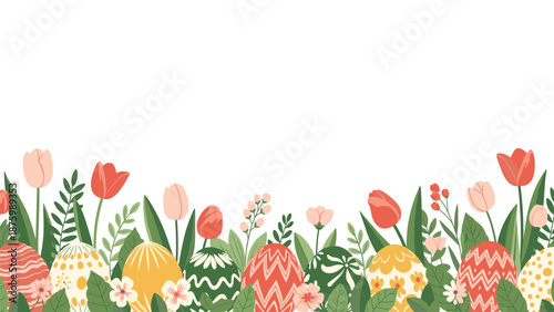 Spring border illustration with colorful decorated Easter eggs hidden among pink and red tulips and green leaves.