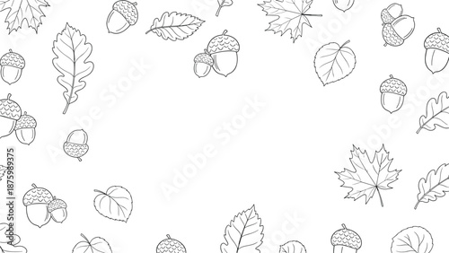 Decorative frame composed of black and white sketches of various acorns and autumn leaves on a white background.