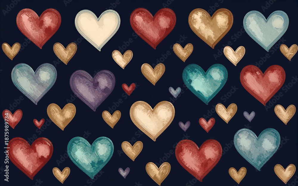 Obraz premium Watercolor hearts in warm tones scattered on dark background, cozy and affectionate.