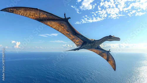 Pterodactyl flying over ocean and sky, ancient creature soaring through clouds.