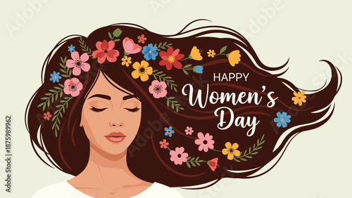 Beautiful woman with long dark hair decorated with various colorful spring flowers celebrates happy international womens day on march 8.