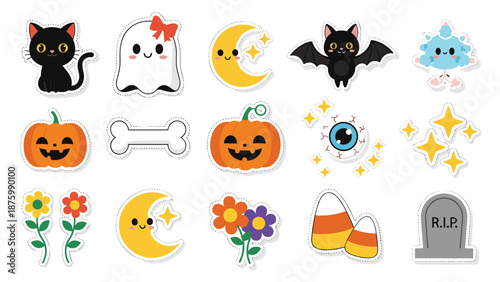 Cute set of halloween stickers featuring icons like a black cat ghost pumpkin moon bat and candy corn in a kawaii cartoon style.