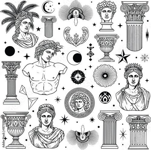 Ancient Greek mythology flat vector collection with statues columns marble busts and celestial symbols for antique aesthetic and classic history design