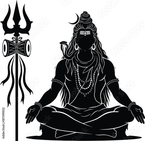Lord Shiva silhouette flat vector illustration with trishula trident damaru drum and crescent moon for Hindu religious and spiritual design