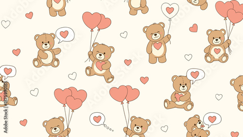 Sweet seamless pattern with cute brown teddy bears holding heart balloons and heart shaped bubbles on a soft cream background.