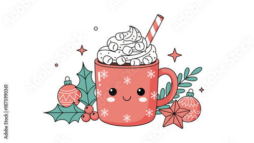 Adorable christmas mug with a happy face filled with hot chocolate and whipped cream surrounded by festive holly and ornaments.