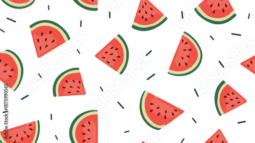 Vibrant and juicy seamless pattern with red watermelon slices and black seeds on a white background for summer themes.