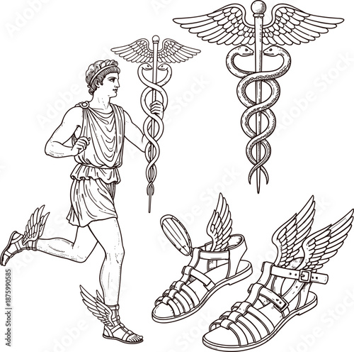 Greek God Hermes Mercury flat vector illustration with winged sandals talaria caduceus staff and messenger running for mythology and commerce design