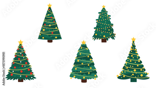 Collection of five unique Christmas trees decorated with colorful ornaments, golden garlands, and yellow stars on top for the holidays.