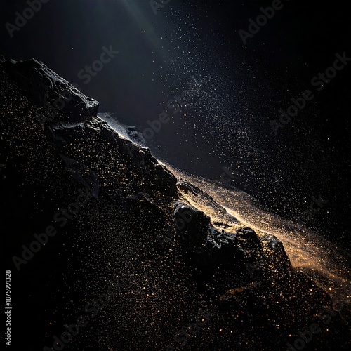 Dramatic light illuminates a rocky landscape with a sense of mystery and depth.