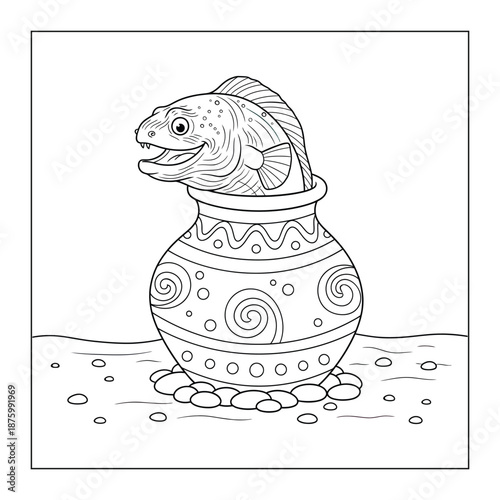 This cheerful moray eel pops its head out of a large, patterned ceramic jar resting on a bed of smooth river stones. The vector line art features bold, 
clean strokes and whimsical spiral designs.