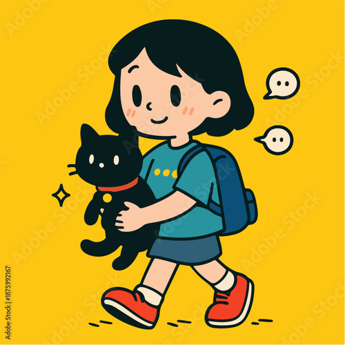Charming cartoon illustration of a child walking happily while holding a cat suitable for kids content education and friendly designs